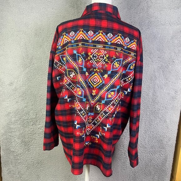 Umgee Tops - Umgee USA Top Womens Small Red Plaid Embroidered Flannel Button Aztec Western